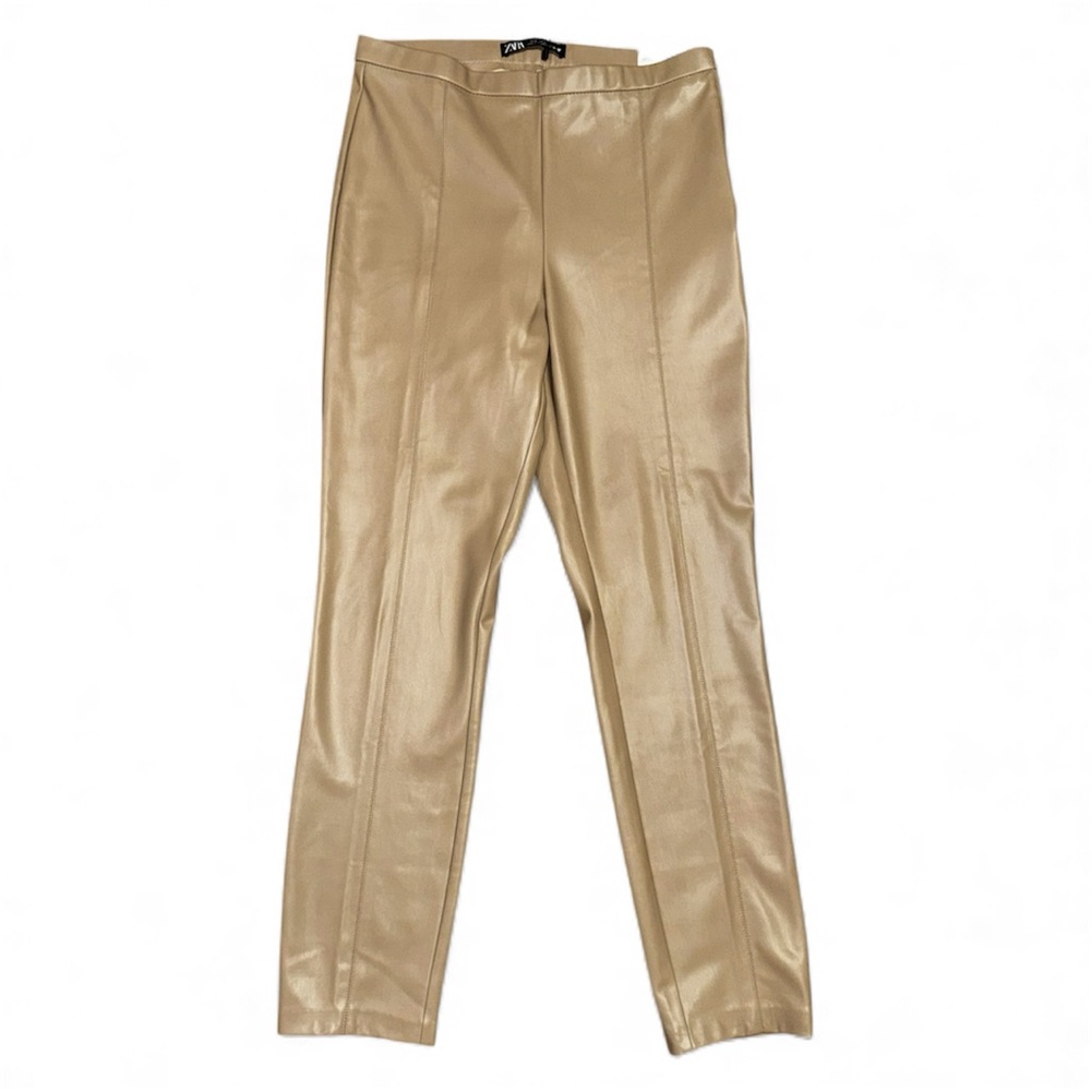 Zara Faux Leather High Rise Tan Leggings size Large